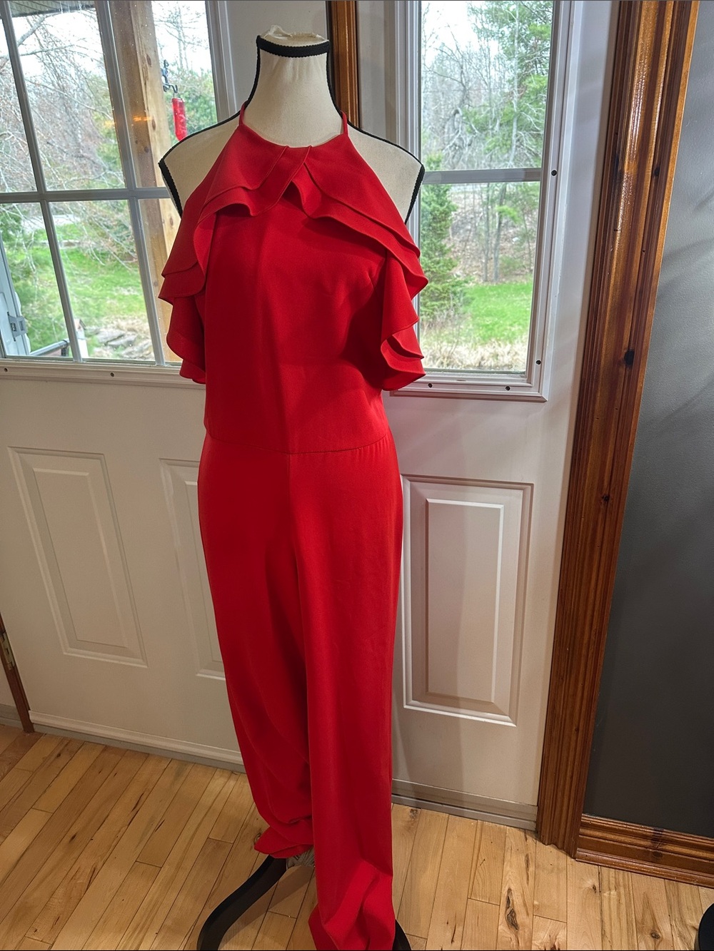 INTERMIX Red Ruffle Halter Jumpsuit